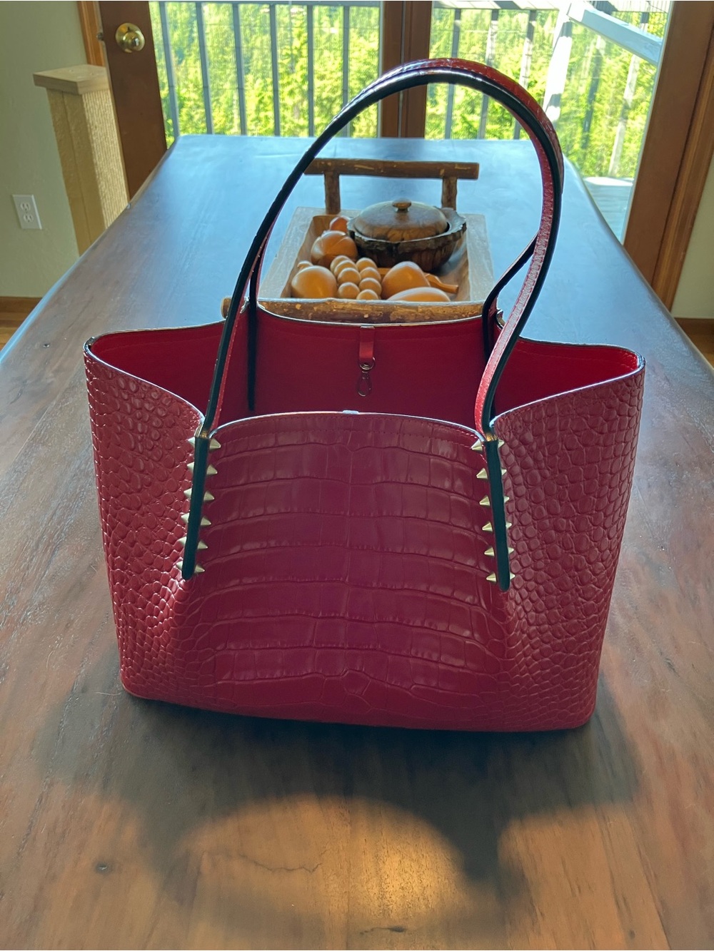 Christian Louboutin Red Croc-Embossed Tote with Studded Trim - Picture 8 of 8